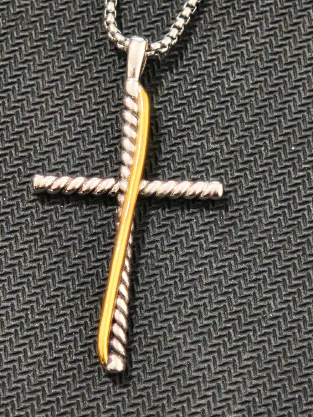 Two-Tone Cross Pendant Necklace, Sterling Silver & Gold Cable Cross Chain - Picture 5 of 10